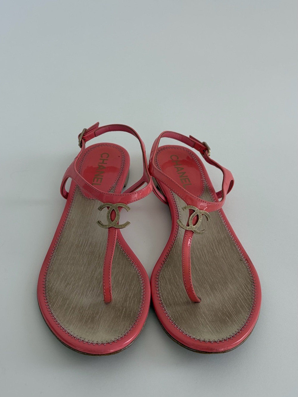 Chanel Interlocking CC Logo Patent Leather T-Strap Sandals Pink